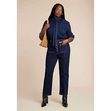 ELOQUII Women's Plus Size Denim Top With Bow Tie