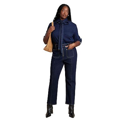 ELOQUII Women's Plus Size Denim Top With Bow Tie
