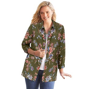 Woman Within Plus Size Crinkle Button-Front Shirt