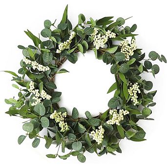 20" Artificial Eucalyptus Wreath with White Berries for Front Door, Porch, Wedding, All Seasons