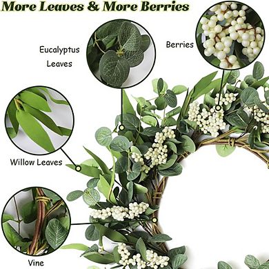 20" Artificial Eucalyptus Wreath with White Berries for Front Door, Porch, Wedding, All Seasons