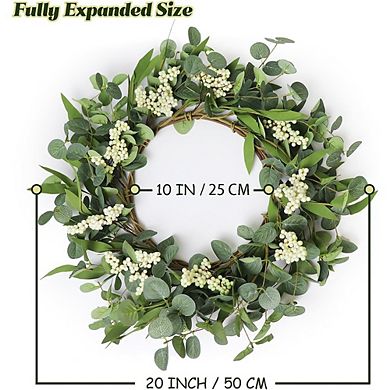 20" Artificial Eucalyptus Wreath with White Berries for Front Door, Porch, Wedding, All Seasons