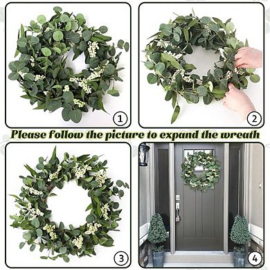 20" Artificial Eucalyptus Wreath with White Berries for Front Door, Porch, Wedding, All Seasons