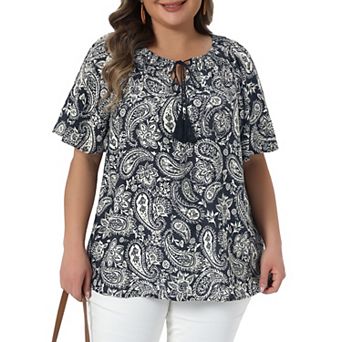 Women's Plus Size Crew Neck Short Sleeve Tie Tops Boho Print Summer t Shirt Tops Blouse Casual