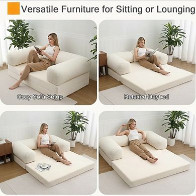 AKSZRI 4-in-1 Convertible Futon Sofa-L-Shaped Armrests, Removable Cover, Space-Saving Sleeper