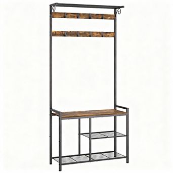 4-in-1 Hall Tree with Coat Rack, Shoe Bench, Hanging Rod, and Storage