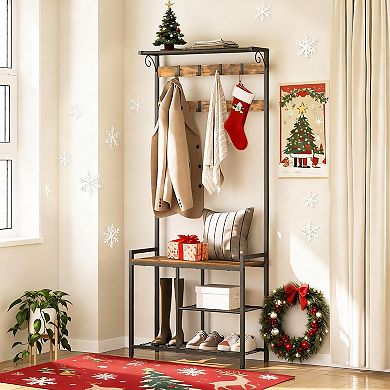 4-in-1 Hall Tree with Coat Rack, Shoe Bench, Hanging Rod, and Storage
