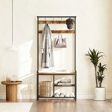 4-in-1 Hall Tree with Coat Rack, Shoe Bench, Hanging Rod, and Storage