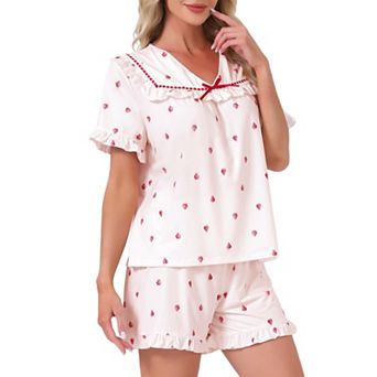 Women's Loungewear Ruffle Babydoll Collar Cute Print Short Sleeves with Shorts Sleepwear Pajama Sets