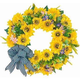 18 Inch Yellow Sunflower Wreath with Ribbon for Front Door Decor
