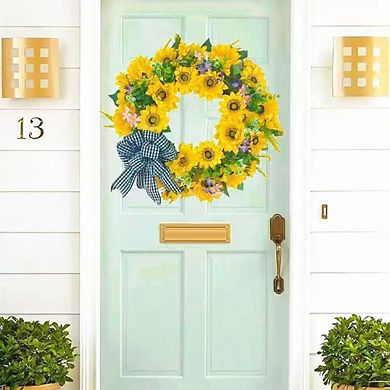 18 Inch Yellow Sunflower Wreath with Ribbon for Front Door Decor