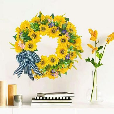 18 Inch Yellow Sunflower Wreath with Ribbon for Front Door Decor