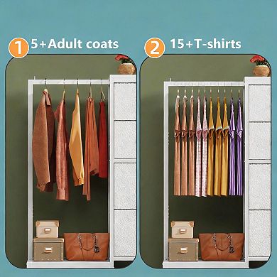 A small space with a hanging rod and a four-drawer tall storage tower.