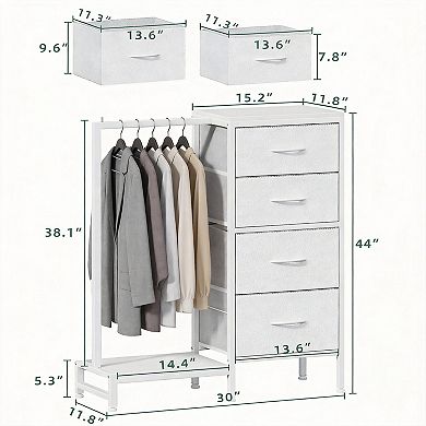 A small space with a hanging rod and a four-drawer tall storage tower.