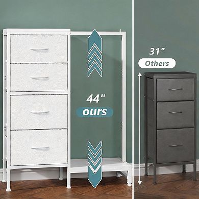 A small space with a hanging rod and a four-drawer tall storage tower.