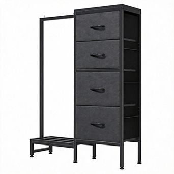A small space with a hanging rod and a four-drawer tall storage tower.