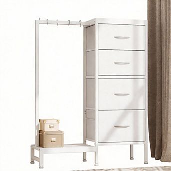 A small space with a hanging rod and a four-drawer tall storage tower.
