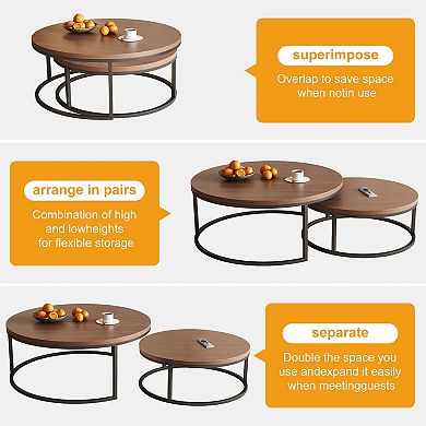 Modern 2-Piece Nesting Coffee Tables, Black Metal Legs, Space-Saving Design