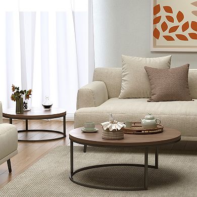 Modern 2-Piece Nesting Coffee Tables, Black Metal Legs, Space-Saving Design