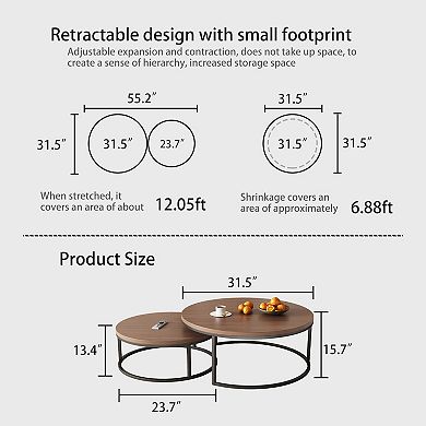 Modern 2-Piece Nesting Coffee Tables, Black Metal Legs, Space-Saving Design