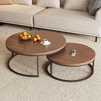 Modern 2 pc Nesting Coffee Tables, Black Metal Legs, Space-Saving Design
