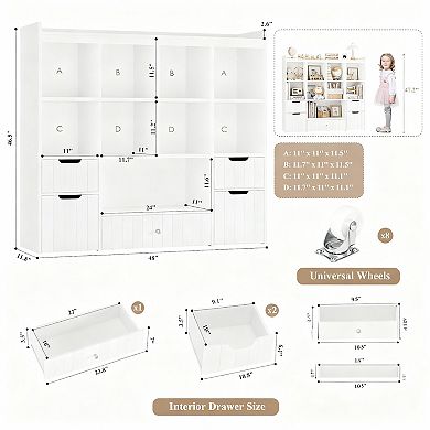 48-inch toy organizer, bookshelf, and drawer cabinet. Includes 8 cubbies, 3 drawers, and 2 storage b