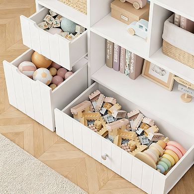 48-inch toy organizer, bookshelf, and drawer cabinet. Includes 8 cubbies, 3 drawers, and 2 storage b