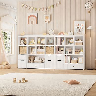 48-inch toy organizer, bookshelf, and drawer cabinet. Includes 8 cubbies, 3 drawers, and 2 storage b