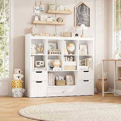 48-inch toy organizer, bookshelf, and drawer cabinet. Includes 8 cubbies, 3 drawers, and 2 storage b