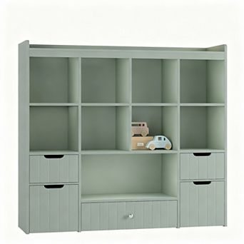 48-inch toy organizer, bookshelf, and drawer cabinet. Includes 8 cubbies, 3 drawers, and 2 storage b