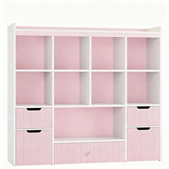 48-inch toy organizer, bookshelf, and drawer cabinet. Includes 8 cubbies, 3 drawers, and 2 storage b