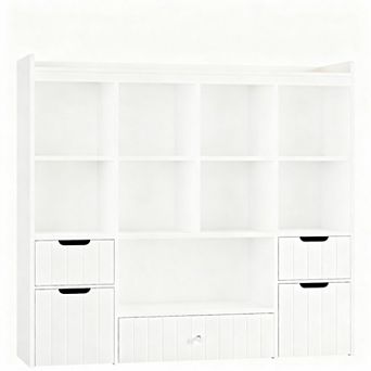48-inch toy organizer, bookshelf, and drawer cabinet. Includes 8 cubbies, 3 drawers, and 2 storage b