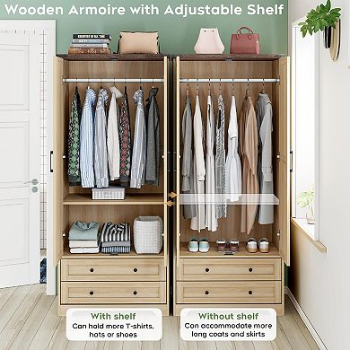 70" Modern Wood Wardrobe with Hanging Rod, Adjustable Shelf & 2 Drawers