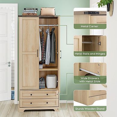 70" Modern Wood Wardrobe with Hanging Rod, Adjustable Shelf & 2 Drawers