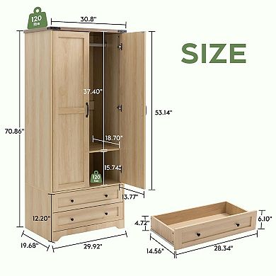 70" Modern Wood Wardrobe with Hanging Rod, Adjustable Shelf & 2 Drawers