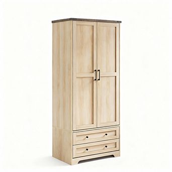 70" Modern Wood Wardrobe with Hanging Rod, Adjustable Shelf & 2 Drawers