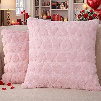 Valentine’s Day Plush Faux Fur Heart Throw Pillow Covers 18x18 Inch, Set of 2