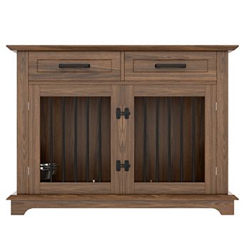 Merax 44.48" Large Dog Crate Furniture, Indoor Wooden Dog Kennel End Table with 2 Storage Drawers