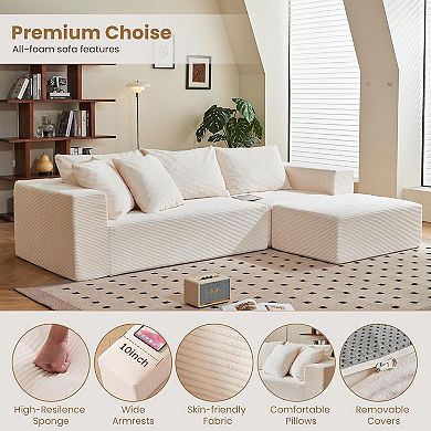 AKSZRI 108" L-Shaped Modular Sectional Sofa - Boneless Cloud Couch with Ottoman, Corduroy Beige