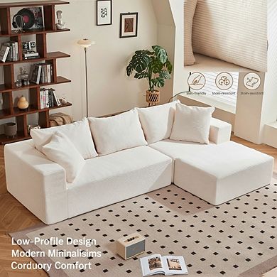 AKSZRI 108" L-Shaped Modular Sectional Sofa - Boneless Cloud Couch with Ottoman, Corduroy Beige