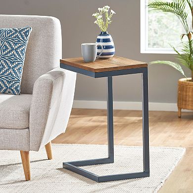 C-shaped End Table with Iron Base and Fir Wood Top, Black