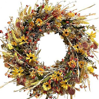 24 Inch Yellow Daisy & Eucalyptus Wreath for Front Door, Spring Farmhouse Decor