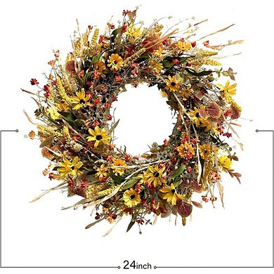 24 Inch Yellow Daisy & Eucalyptus Wreath for Front Door, Spring Farmhouse Decor