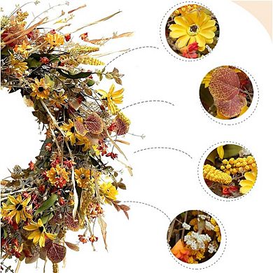 24 Inch Yellow Daisy & Eucalyptus Wreath for Front Door, Spring Farmhouse Decor