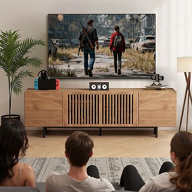 70.87″ Mid Century Modern Walnut TV Stand with Grille Doors