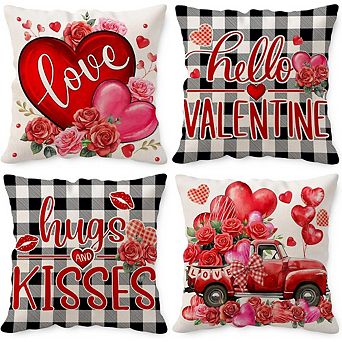 Hello Valentine Pillow Covers 18x18, Red Heart Truck Home Decor Set of 4