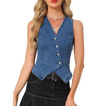 Cropped Demin Vest for Women's V Neck Western Crop Jean Tops Waistcoat