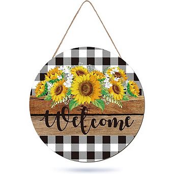 Sunflower Welcome Sign with Buffalo Plaid for Front Door & Wall Décor