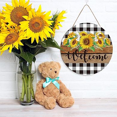 Sunflower Welcome Sign with Buffalo Plaid for Front Door & Wall Décor