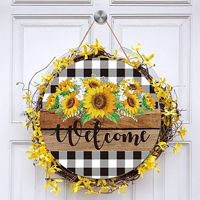 Sunflower Welcome Sign with Buffalo Plaid for Front Door & Wall Décor